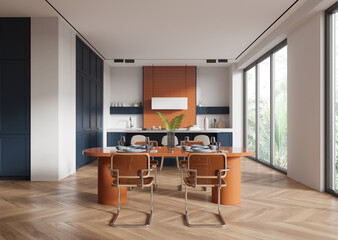 Modern dining area with orange table and soft natural lighting. 3D Rendering