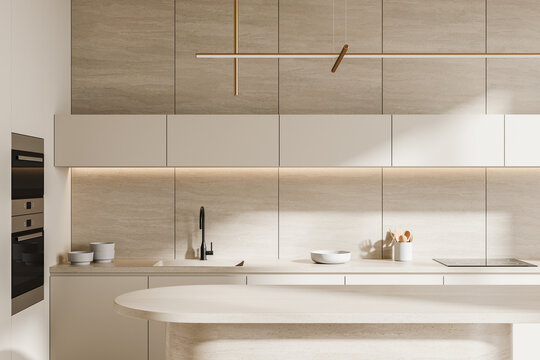 Modern kitchen interior with minimalistic design, featuring light-colored cabinets, sink, and countertop in a clean, organized setting. 3D Rendering