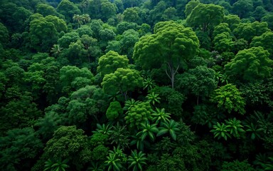 Fototapeta premium Vibrant dense tropical rainforest canopy with lush green foliage and varied tree textures, concept for environmental conservation, ecosystem preservation and sustainable tourism