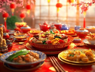 An exquisite spread of colorful and delicious Chinese dishes beautifully arranged on a vibrant table setting, adorned with traditional decorations, perfect for celebrations.