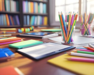 An organized workspace featuring colorful pencils, notebooks, and a tablet. Ideal for creative pursuits and educational activities. Perfect for inspiring productivity and learning.