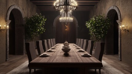 Luxurious Blend of Contemporary and Medieval Elements in Modern-Medieval Interior Design Featuring Long Wooden Table, Elegant Ceramic Dishware, High-Backed Chairs, and Crystal Chandelier