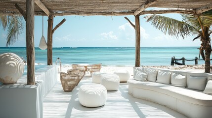 Obraz premium Tranquil Beachside Lounge with Modern Decor, Ocean View, and Tropical Vibes for Relaxation and Leisure in a Serene Coastal Setting