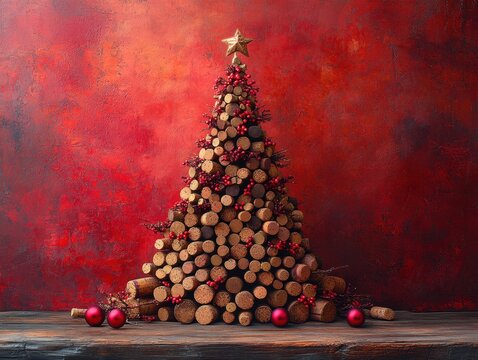 Christmas tree made of wine traffic jams on a red background