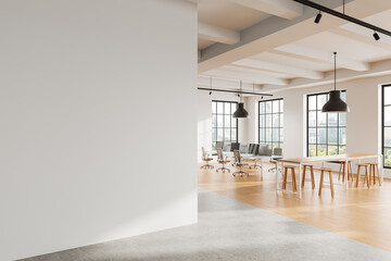 Modern office space with minimalist design and white wall, featuring wooden floors, large windows, and contemporary furniture. 3D Rendering