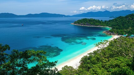 Fototapeta premium Stunning Aerial View of Tropical Island Beach with Crystal Clear Water and Lush Greenery Surrounded by Majestic Mountains and a Clear Blue Sky