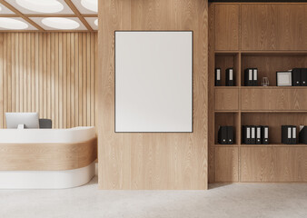 Modern office reception with light wood paneling, desk, bookshelf, and blank wall frame. 3D...