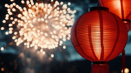 Obraz premium A close-up of delicate red lanterns against the backdrop of a Chinese New Year's fireworks display