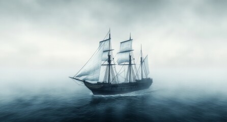 Sailing through fog on a vintage ship in a mysterious ocean setting