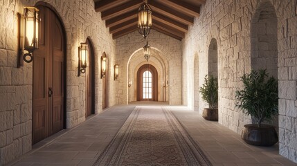 Fototapeta premium Medieval-Inspired Hallway with Stone Walls and Vintage Decor | Detailed Interior Design Image for Home Decor Concepts