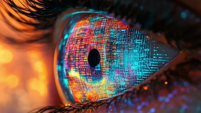 Human eye with digital overlay showing graphics and visualization of footage data