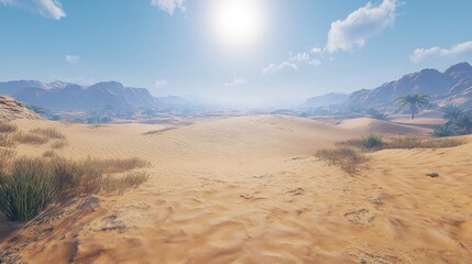 Sun-Drenched Desert Landscape: A Breathtaking Vista of Golden Sands and Distant Mountains