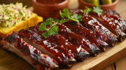 Photo of, A mouthwatering plate of barbecue ribs glazed with a tangy sauce, served with baked beans and cornbread