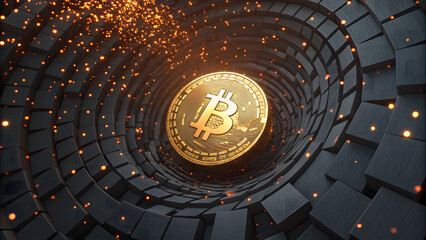 Obraz premium A Bitcoin coin is depicted in the middle of a circular arrangement of tiles, with sparks, highlighting the central role of Bitcoin in the digital currency world