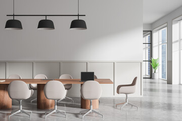 Modern conference room interior with large wooden boardroom table and chairs in bright office space with natural light and minimalistic decor. 3D Rendering