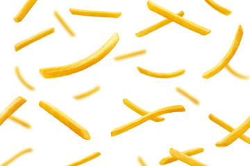 Falling French Fries, Potato Fry isolated on white background, selective focus