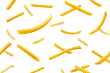 Falling French Fries, Potato Fry isolated on white background, selective focus