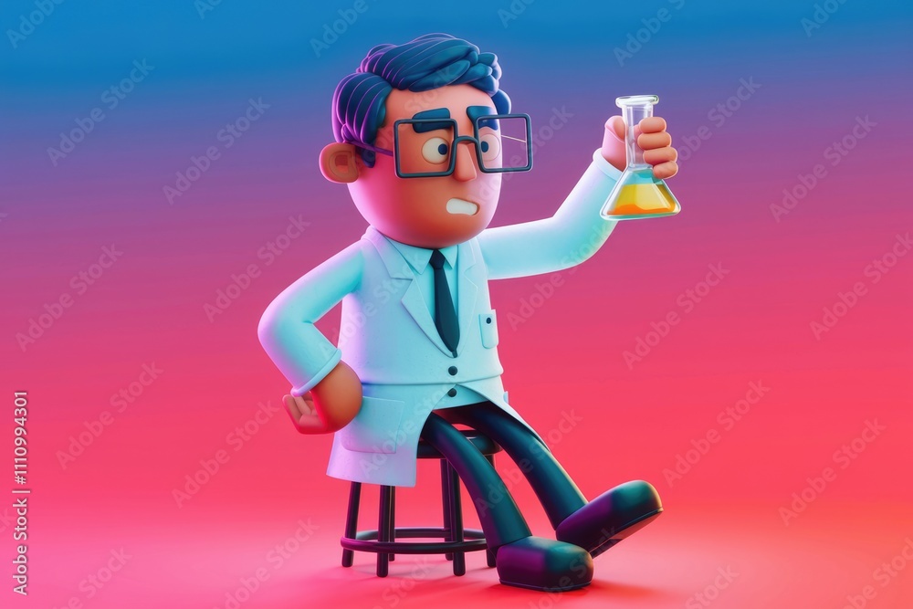 Poster A 3D cartoon scientist sits on a stool holding a flask with a curious expression.