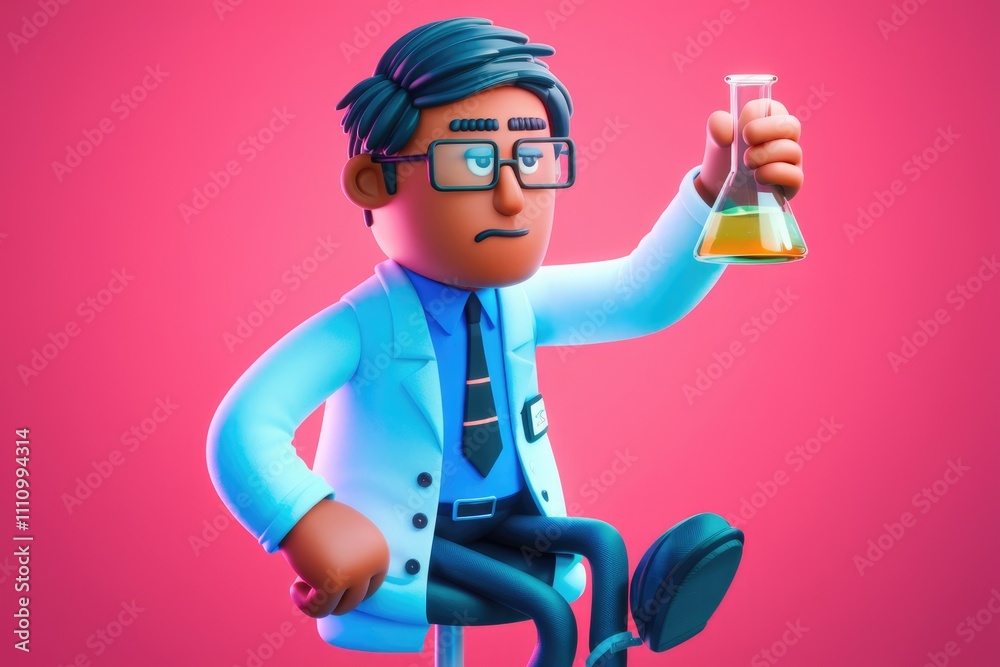 Poster a cartoon scientist examines a beaker with a serious expression.