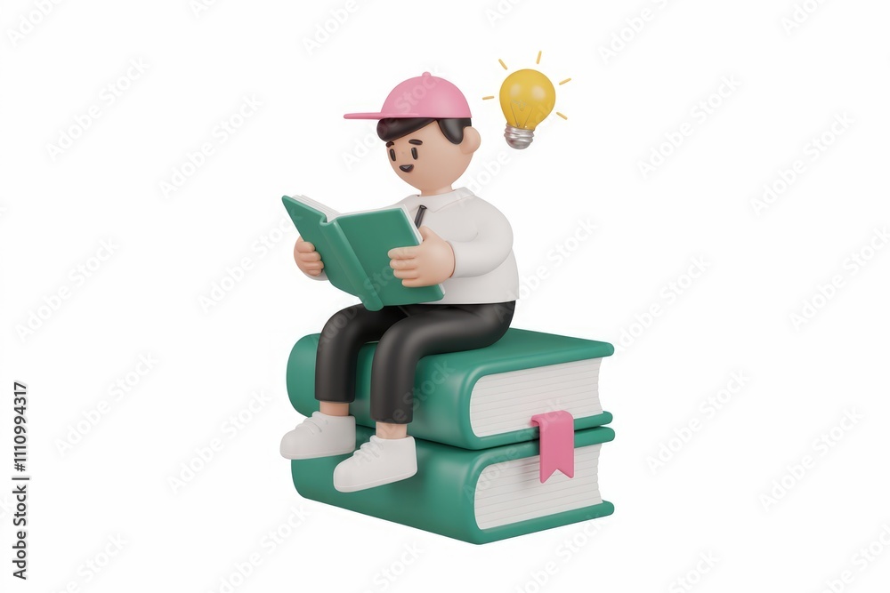 Poster A 3D cartoon character sits on books  reading and having an idea.
