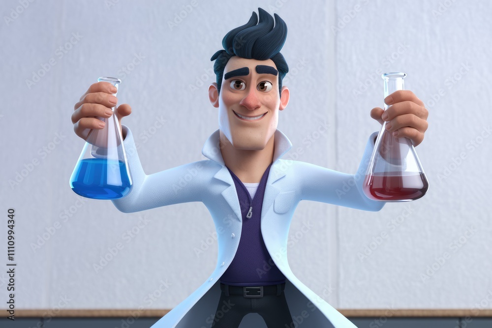 Poster a cartoon scientist holds two beakers with different colored liquids smiling proudly.