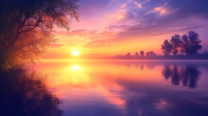 Serene Sunset Over Tranquil Water with Vibrant Sky Reflections and Silhouetted Trees Near the Horizon, Ideal for Relaxation and Inspiration