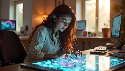 Fototapeta premium A futuristic workspace with sleek computers, holograms, and modern décor.
