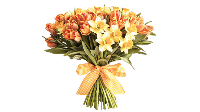 Colorful bouquet of tulips and daffodils with orange ribbon.