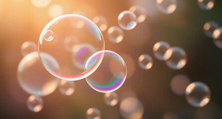 Close-up of sparkling soap bubbles floating in sunlight, showcasing their playful beauty in the air