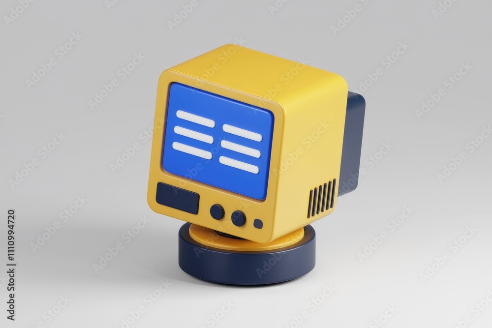 Poster a 3d rendered cartoon of a yellow computer on a stand.