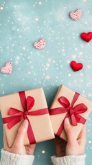 Obraz premium Gift wrapped in heart pattern held by hands with red hearts scattered on blue background