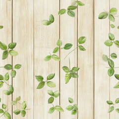 Seamless wood texture featuring natural grain with branches and green leaves, blending rustic charm with fresh botanical elegance for versatile, earthy design projects.