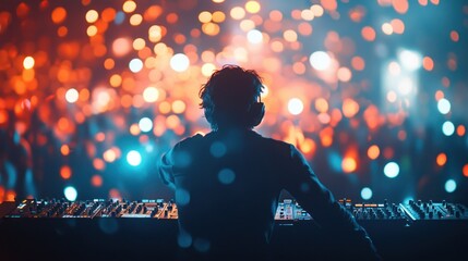 DJ Silhouette at a vibrant music festival, illuminated by colorful lights and a lively crowd.