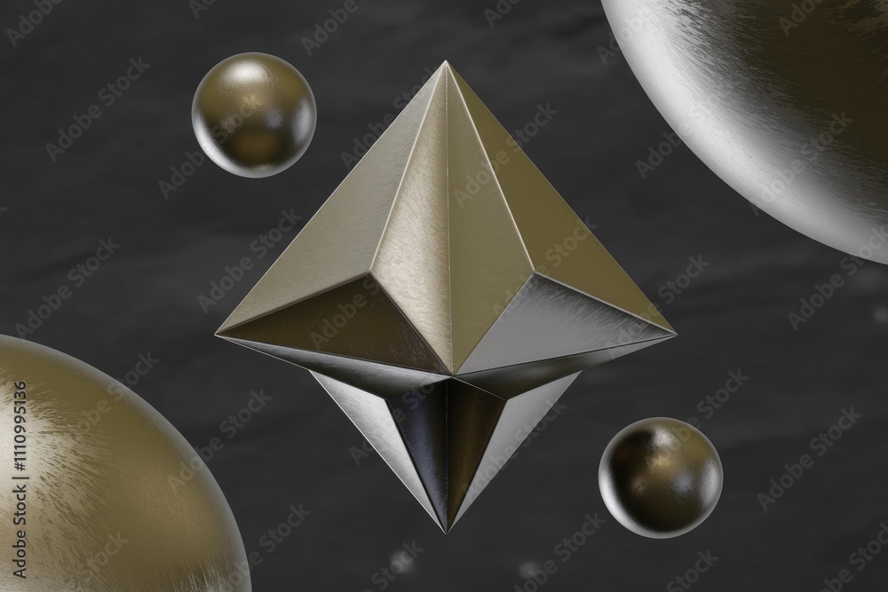 Aufkleber a metallic pyramid with a textured surface floats against a dark background surrounded by spheres.