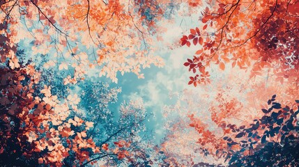 Fototapeta premium Vibrant Autumn Leaves Framed by a Clear Sky Creating a Stunning Canopy of Colorful Nature in an Enchanting Forest Setting