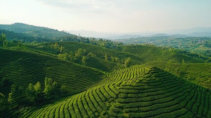 Lush Green Tea Plantations in Rolling Hills Under a Bright Sky, Captivating Aerial View of Expansive Terraced Fields and Vibrant Landscape
