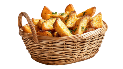 Crispy golden potato wedges in a wicker basket, white isolate background