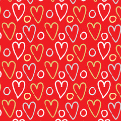 Lovely romantic seamless pattern. Repeated hearts and round  drawn by hand. Sketch, doodle. 