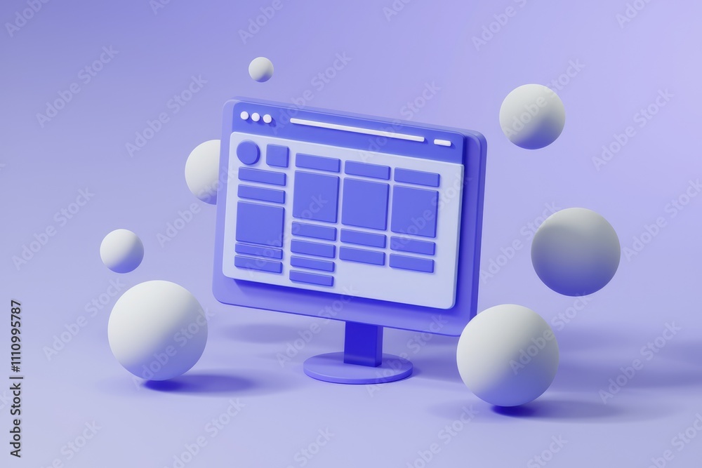 Poster 3d render of a blue computer monitor with white spheres around it on a purple background.