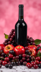 Obraz premium Dark wine bottle with vibrant fruit on a pink background