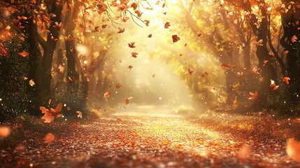 Enchanted Autumn Forest Pathway with Falling Leaves and Soft Golden Light Illuminating the Tranquil Scene of Nature's Bounty in a Peaceful Setting