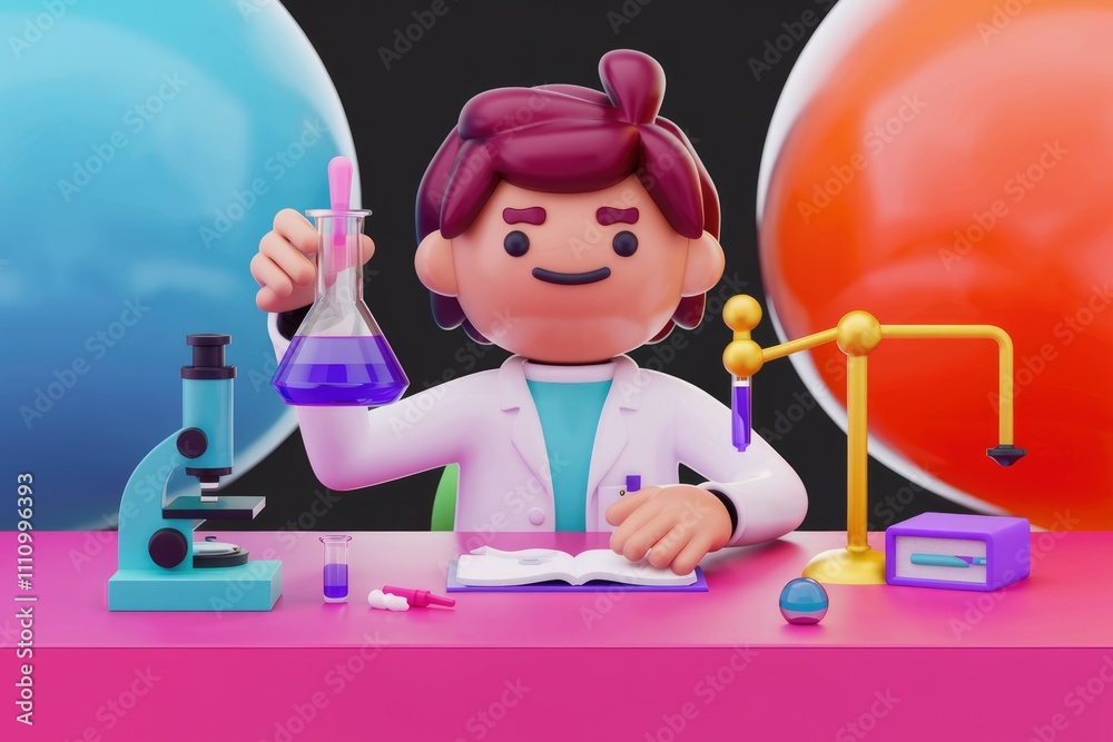 Poster a 3d cartoon scientist working in a laboratory.