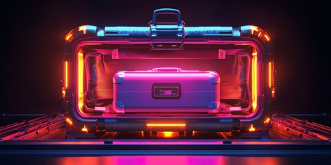 Obraz premium A futuristic glowing case illuminated with vibrant neon lights, showcasing a sleek design and a mysterious inner compartment.