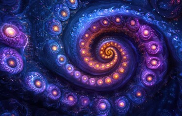 Colorful and Intricate Fractal Spiral Design in Deep Purple and Gold Shades, Representing Cosmic Patterns and Abstract Artistry for Digital Backgrounds