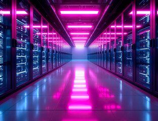 A futuristic data center server room with neon lights