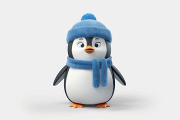 A cute penguin wearing a blue hat and scarf