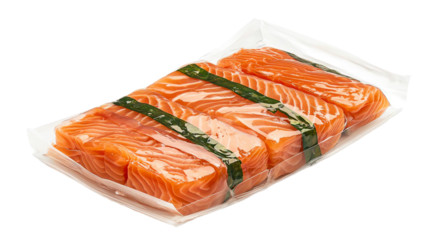 Fresh salmon fillets packaged with green seaweed.