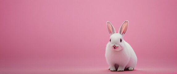 Obraz premium Cute white rabbit sitting on a pink background with soft lighting during daytime