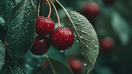 Obraz premium Fresh Red Cherries with Water Droplets Glistening on Leaves in a Natural Setting Capturing the Essence of Summer Fruits and Vibrant Nature's Beauty