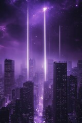Bright purple beams illuminate a futuristic city skyline at night